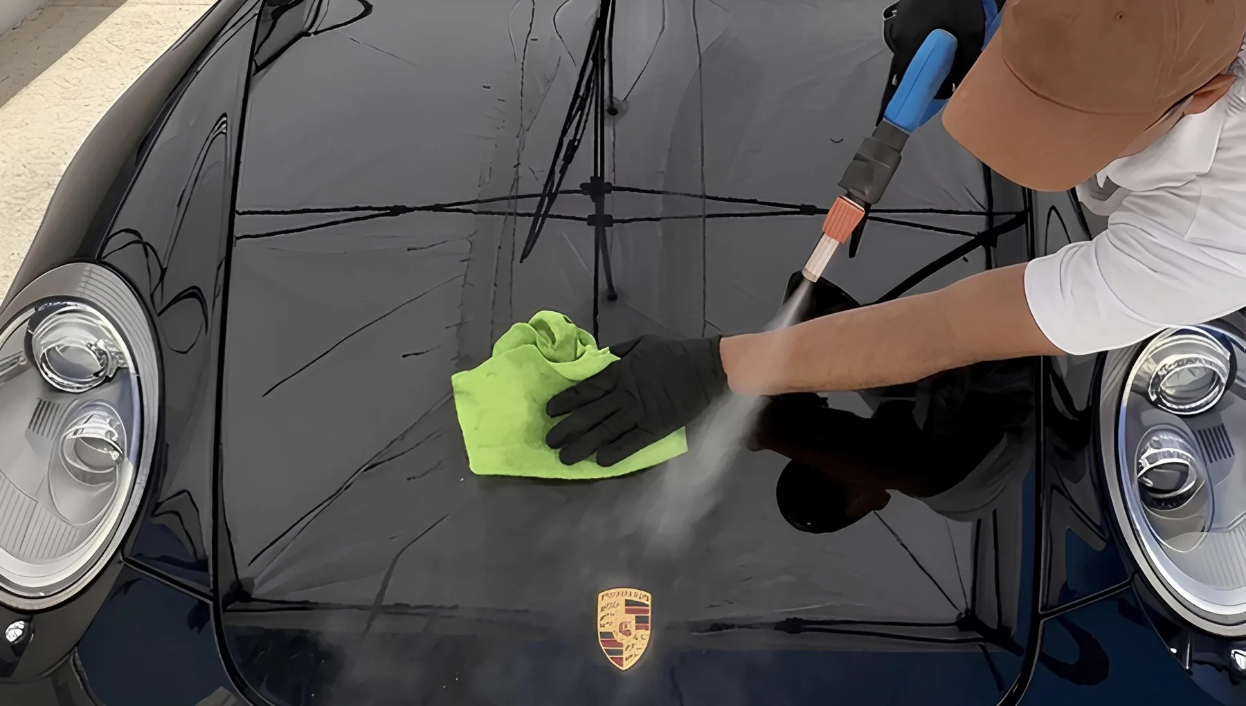 Nettoyage vapeur sur le capot d'une Porsche